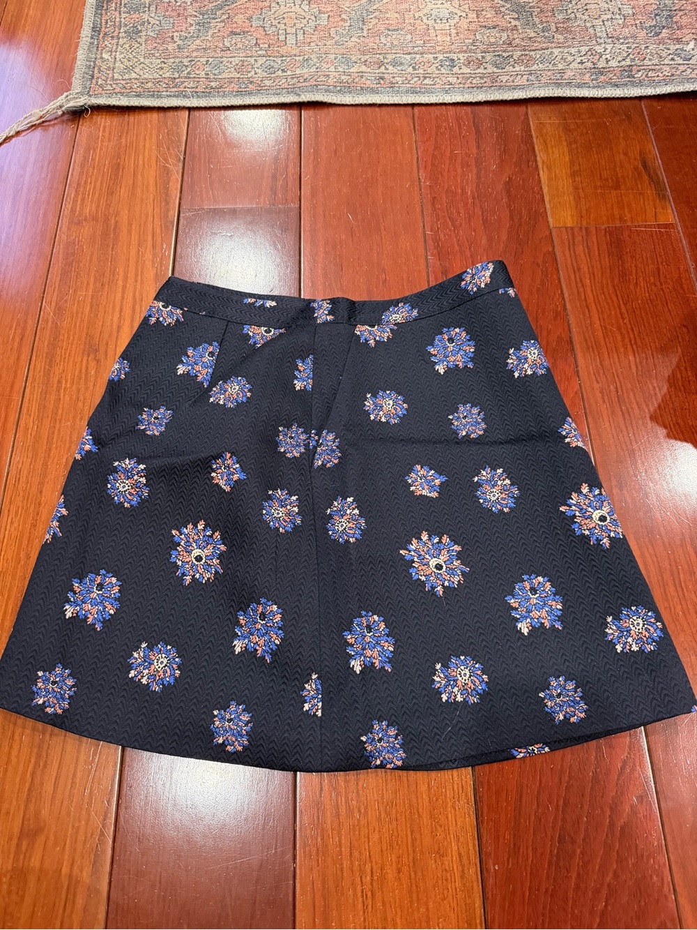 Club Monaco Black A-Line Skirt with Blue & Purple Floral Medallions